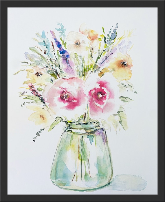 パステルカラーの水彩画の春の花瓶、パステルカラーの可愛い花瓶の野花