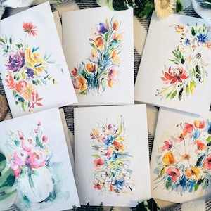 6er Pack Wässrige hell farbige Blumengrußkarten, Color Pop blumige gefaltete kleine Karten, Bündel Aquarellblumenkarten