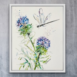 Watercolor Scottish Thistle and Dragonfly Print, Soft Loose Thistle and Dragonfly Inspirational Art Print