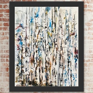 May include: Abstract watercolour painting of a forest scene with white birch trees and blue and brown accents.