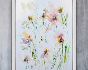 Alle bloemen lichtgekleurde dromerige aquarel grillige bloemen, roze dromerige bloemen met stengel, aquarel roze bloem kunst aan de muur