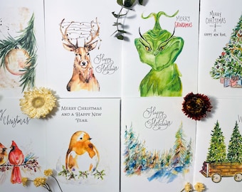 Assorted Mix Watercolour Christmas Cards, Happy Holidays Seasonal Bundle Of Cards, 8 Christmas Illustrations, Merry Grinchmas, New Year