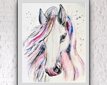 Pretty Pink And Purple Horse Watercolour Print, Whimsical Watercolour White Horse, Watercolour Horse Wall Art, Abstract Horse Print