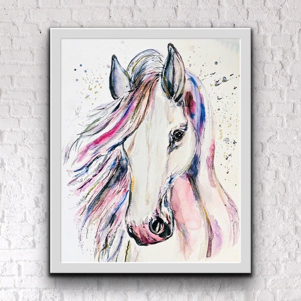 Pretty Pink And Purple Horse Watercolour Print, Whimsical Watercolour White Horse, Watercolour Horse Wall Art, Abstract Horse Print