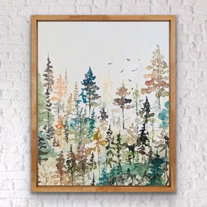 Bunch Of Tall Trees Boho Watercolour Print, Abstract Watercolour Forest with Burgundy Coppers and Greens Wall Art, Colourful Forest Print