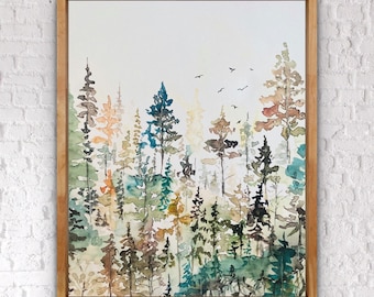 May include: Watercolor painting of a forest scene with a variety of trees in shades of green, brown, and blue. The trees are arranged in a loose, organic pattern, and the background is a soft, white wash.