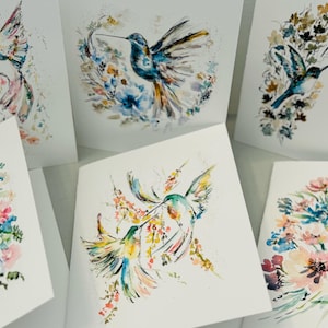 Lot de 6 cartes de voeux colibri aquarelle vierges colibri aquarelle, ensemble de cartes design colibri volant, carte oiseau jolie couleur