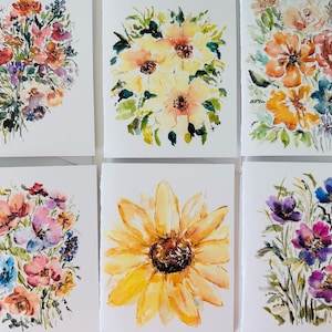 Loose Boho Watercolor Flower Cards, Bundle of 6 Watercolour Floral Art Greeting Cards, Blank Flower Bee Illustrated Cards, Floral Stationary