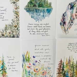 Citations inspirantes entre amis, paquet de six cartes de voeux Affirmation Brene Brown, cadeau aquarelle de thérapie par cartes, lot de cartes de voeux psycologie