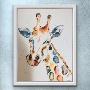 Stampa astratta di giraffa colorata, stampa safari in tonalità gioiello, dipinto di giraffa ad acquerello, serie di animali della giungla