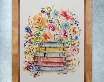 Flores para club de lectura, decoración de acuarela con pila de libros, libros antiguos y flores, impresión para amantes de los libros, impresión de biblioteca en acuarela, flores de libros antiguos