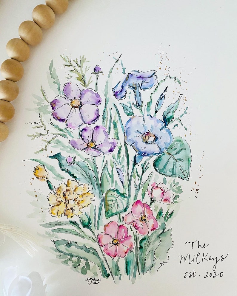 May include: Watercolor painting of a bouquet of flowers in shades of purple, blue, pink, and yellow. The flowers are surrounded by green leaves and stems. The painting is signed "Sarah O'Neil" in the bottom left corner and includes the text "The Milkeys Est. 2020" in the bottom right corner.