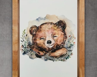 Impresión de osito de peluche soñoliento en acuarela, arte infantil de osito de peluche con acuarela, ilustración vintage bohemia de osito de peluche, arte mural infantil de osito de peluche.