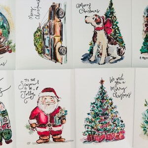 Pack of 8 90’s Theme Vintage Style Watercolour Christmas Cards, Watercolour Christmas Greeting Dog Card, Santa  Christmas Assorted Cards