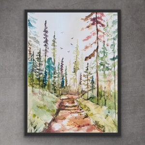 Boho Wege der hohen Bäume, erdige Töne Aquarell Dirt Path Wandkunst, in den Wald Aquarell Illustration