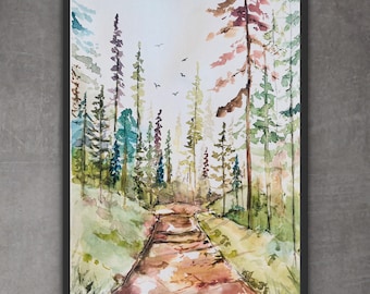 May include: Watercolor painting of a forest path with tall trees on either side. The trees are painted in shades of green, blue, and brown, and the path is a light brown color. The painting has a soft, dreamy feel.