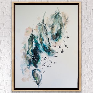 Jewel Toned Watercolour Feather Print, Blue Green and Gold Feather Artwork Decor, Painting of Four Blue Feathers, Office Wall Feather Print