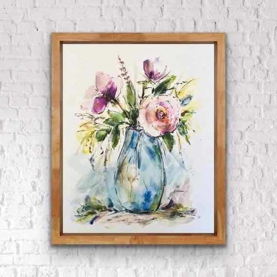 淡いブルーの水彩画の花のアートプリント、繊細な水彩画の抽象的