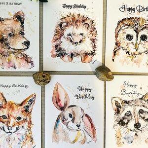 Joyeux anniversaire aquarelle faune, paquet de 6 cartes et enveloppes, aquarelle raton laveur, impression hibou, anniversaire ours, anniversaire dans les bois
