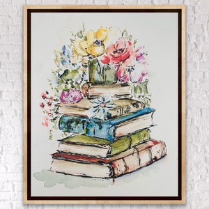 May include: A watercolour painting of a stack of books with a bouquet of flowers on top. The flowers are yellow, pink, and white. The books are brown, green, and red.