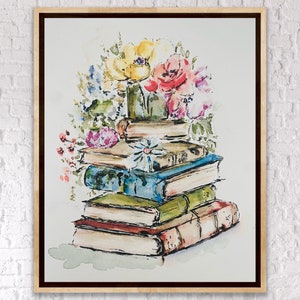 BookClub Florals, Stack Of BooKs Watercolor Decor, Old Books and Florals, Book Lover Print, Watercolor Library Print, Vintage Books Flowers