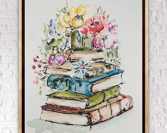 Flores del Club de Lectura, Decoración de acuarela de Pila de Libros, Libros antiguos y flores, Impresión para amantes de los libros, Impresión de biblioteca en acuarela, Flores de libros antiguos