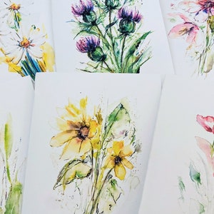 Frühlings-Aquarell-Blumen-Grußkarten, 6er-Pack leere Blumenkarten, Wasser-Blumenstraußkarten, Mohnblumen-Gänseblümchen-Distel-Sonnenblumenkarten