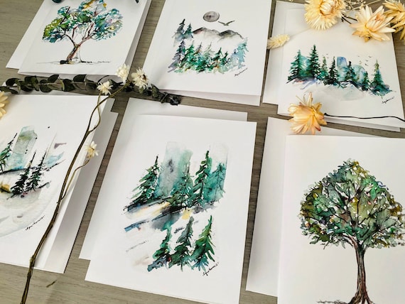 森の自然ブランクカード、木の絵、水彩画の森の文房具、風景カード6枚