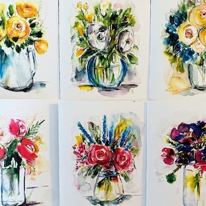 Watery Bright Coloured Assorted Bundle Watercolour Cards, Watery Vase Artist Cards, Pack of 6 Florals in Vase Art Cards, Watery Flower Cards