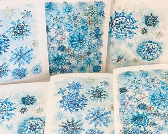 Blank Pack Snowlake Winter Holiday Cards, Elegant Snowflake Greeting Cards, Blue Folded Snow Cards, Christmas Cards, Watercolor Snowflakes