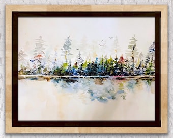 Landscape Watercolour Lake Tree Reflection And Forest Scenery Artwork, Colourful Watercolour Scenery Lake and Forest Print, Landscape Art