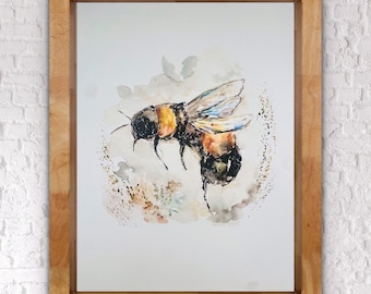 Bumblebee Print, Watercolour Bee Abstract Print, Detailed Bee Splash Paint Wall Art, Whimsical Watercolour Bumblebee Design Print