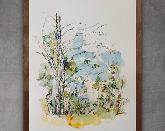 田園地帯の白樺の木々の水彩画プリント、白樺の木の絵と田園風景の