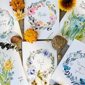 Lot de 6 cartes aquarelles, voeux de votre absence, cartes d'amitié florales, assortiment de cartes de réflexion et de remerciement