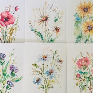 6 Pack Garten Blumen Aquarell Karten, Rose Gänseblümchen Distel Mohn Aster Sonnenblume Grußkarten, leere Blumen Stationart Kunstkarten