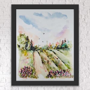 Acquerello prato campo floreale, stampa acquerello paesaggio fiori, arte murale acquerello campo cielo sognante, bellissimo paesaggio rustico floreale