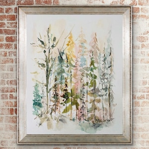 May include: Watercolor painting of a forest scene with tall trees in shades of green, brown, and pink. The trees are painted in a loose, impressionistic style, with soft edges and flowing lines.