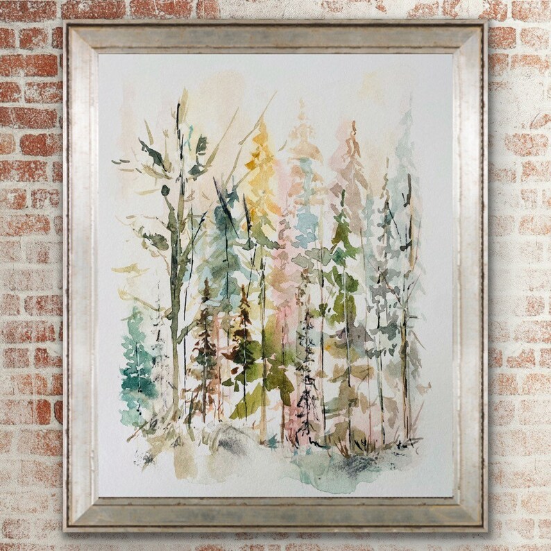 May include: Watercolor painting of a forest scene with tall trees in shades of green, brown, and pink. The trees are painted in a loose, impressionistic style, with soft edges and flowing lines.