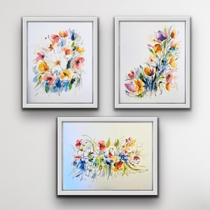 Three Piece Watery Burst Of Colour Floral Watercolour Prints, Bright Rainbow Style Flower Prints, All The Colours Floral Trio of Prints