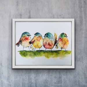 Four Chubby Colourful Round Watercolour Birds Art Print, Blue and Yellow Birdies Watercolour Wall Art, Birds in a Row Fine Art Print