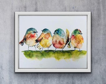 Four Chubby Colourful Round Watercolour Birds Art Print, Blue and Yellow Birdies Watercolour Wall Art, Birds in a Row Fine Art Print