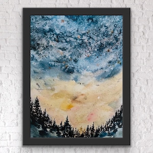 Starry Sunset Sky, Watercolour Celestial Print, Star Night Time Watercolor Art, Nighttime Sunset Print, Dark Dreamy Sky Silhouette Forest