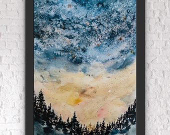 Starry Sunset Sky, Watercolour Celestial Print, Star Night Time Watercolor Art, Nighttime Sunset Print, Dark Dreamy Sky Silhouette Forest