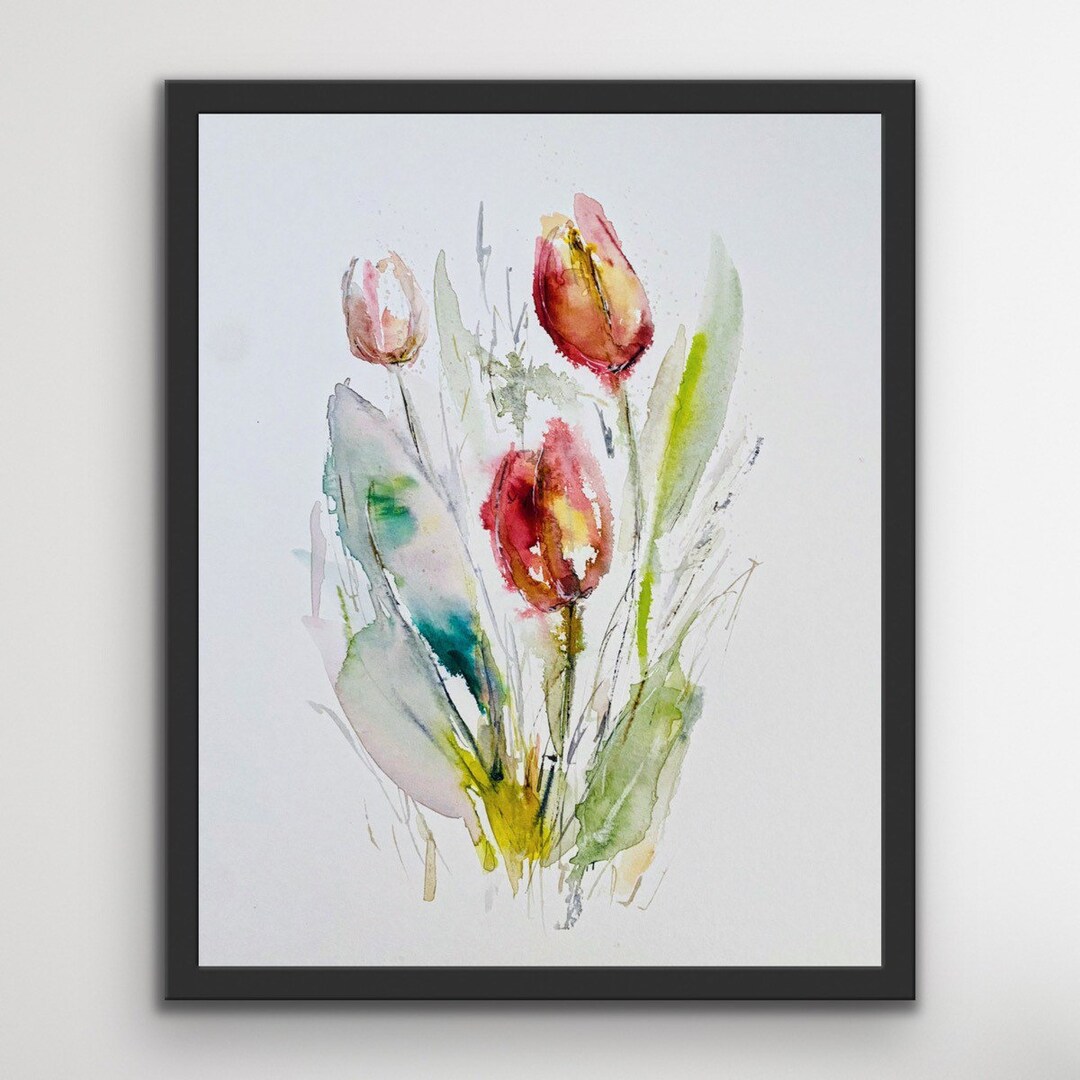 Elegant Watercolour Tulip Print, Pink Red and Green Tulip Wall Art ...
