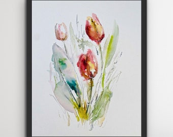 オリジナルのチューリップ水彩画の線画と水彩画、ピンクと黄色の花の