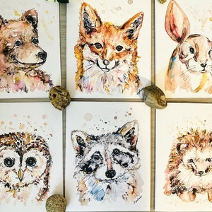 Cartes aquarelles des bois, 6 cartes vierges assorties d'animaux de la forêt, carte de lapin, carte de renard, papeterie hérisson, impressions d'animaux, reste sauvage