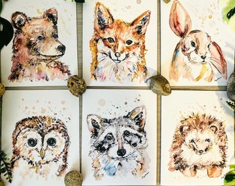 Woodland Watercolour Cards, 6 Assorted Blank Forest Animal Cards, Bunny Card, Fox Card, Hedgehog Stationary, Animal Prints, Stay Wild