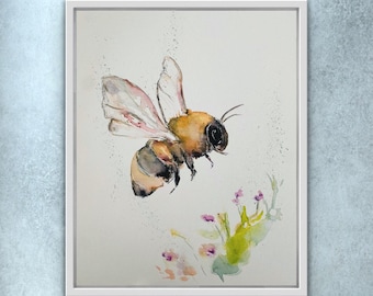 Watercolour Bee and Flowers Art Print, Cheerful Bumblebee Flying Over Flowers Art Print