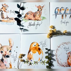 Cartes de voeux animaux de la forêt, cartes de remerciement créatures des bois, remerciement pour baby shower, lot de cartes aquarelle animaux de la forêt