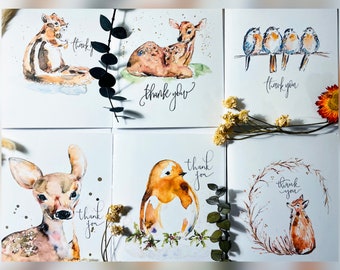 Forest Animal Greeting Cards, Woodland Creatures Thank You Cards, Baby Shower Thank You, Bundle Watercolour Forest Animal Cards